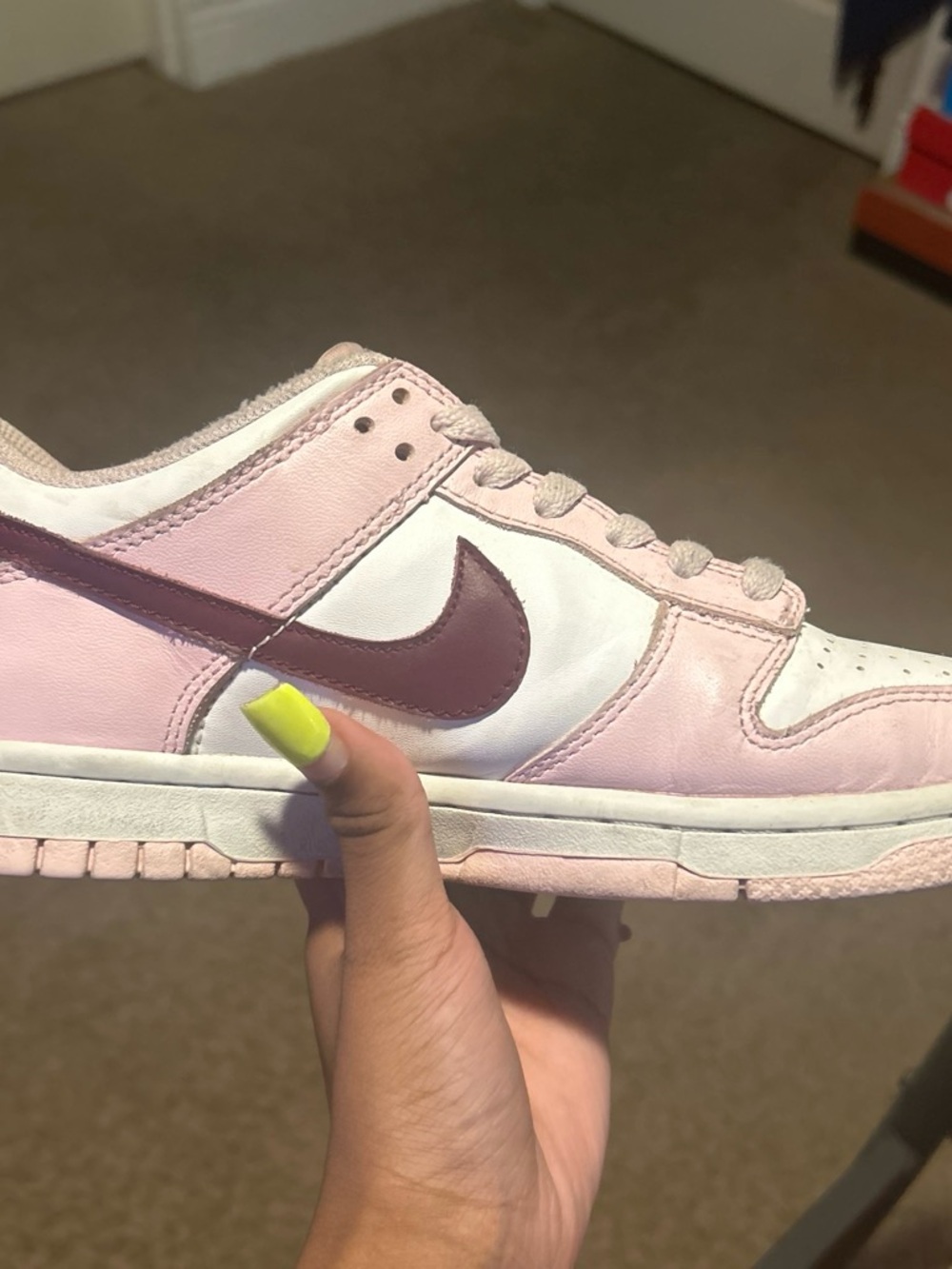 Nike Pink and White Dunk Low with Yellow Accent